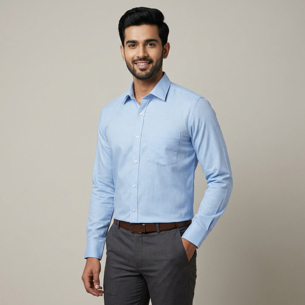 Model wearing the Sky Blue Bullet Light Shirt