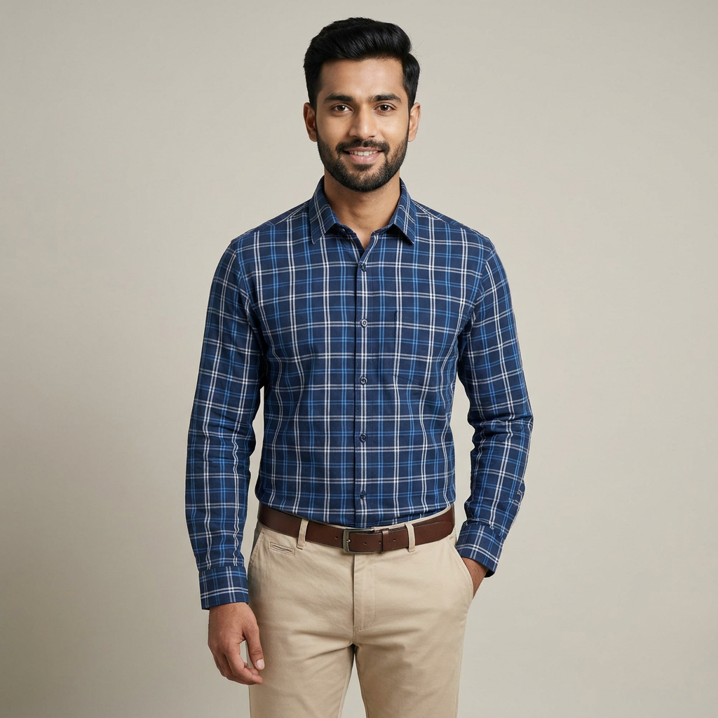 Model wearing the Indigo Blue Check Shirt