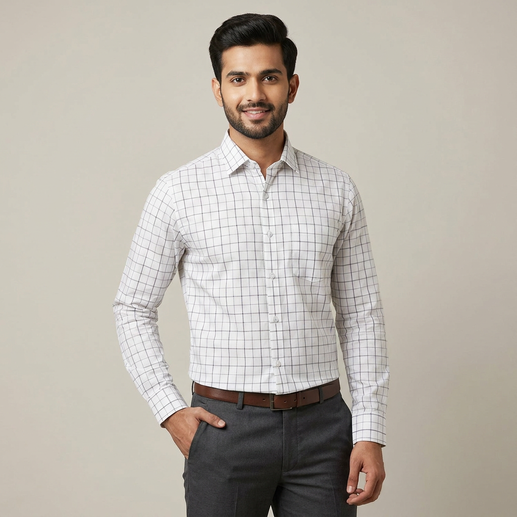 Model wearing the White & Charcoal Check Shirt
