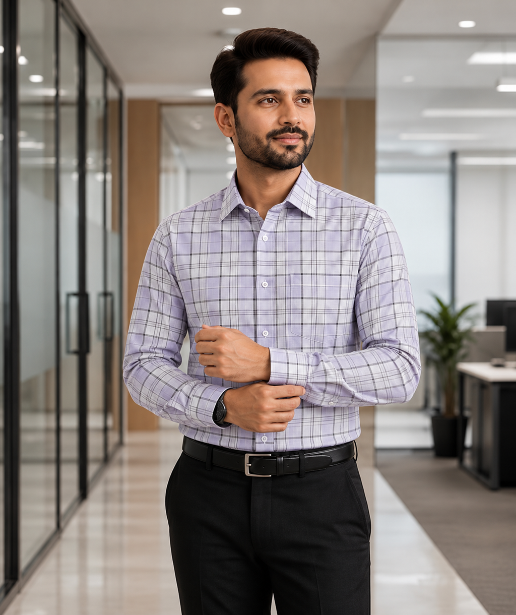 Samiran Powerlook Lilac Grey Check Shirt – model adjusting his cuff