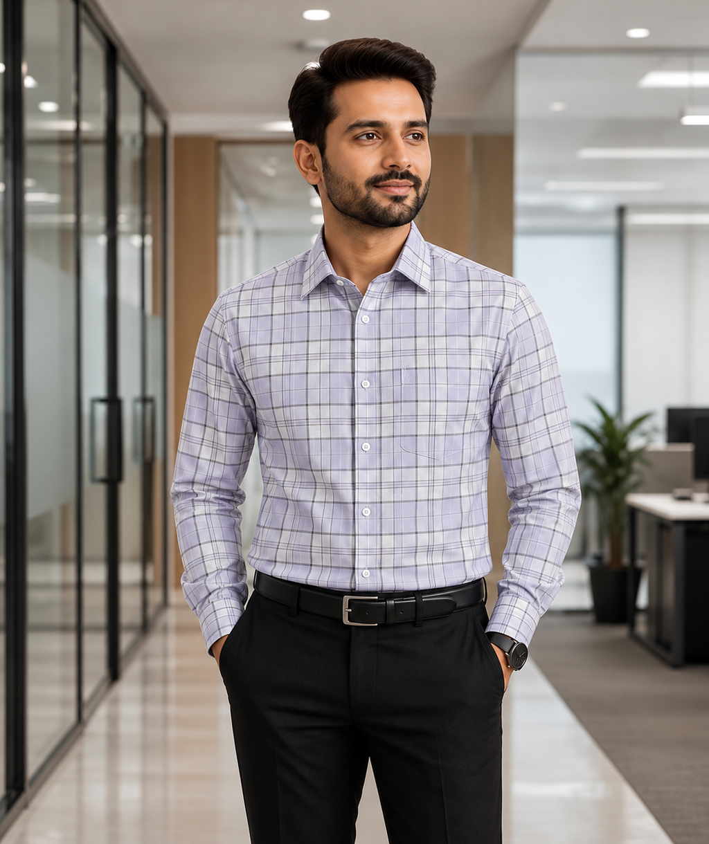Samiran Powerlook Lilac Grey Check Shirt – model standing with hands in pockets