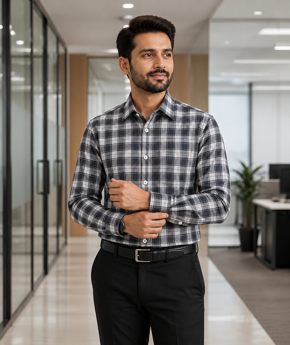 Samiran Powerlook Charcoal & White Buffalo Check Shirt – model adjusting his cuff