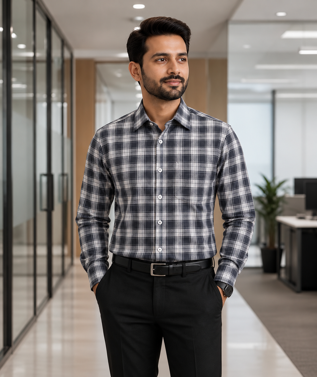 Samiran Powerlook Charcoal & White Buffalo Check Shirt – model standing with hands in pockets