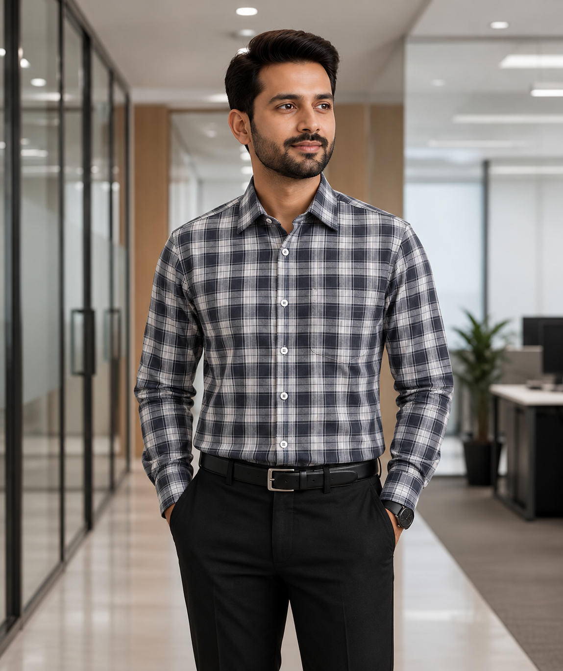 Samiran Powerlook Charcoal & White Buffalo Check Shirt – model standing with hands in pockets