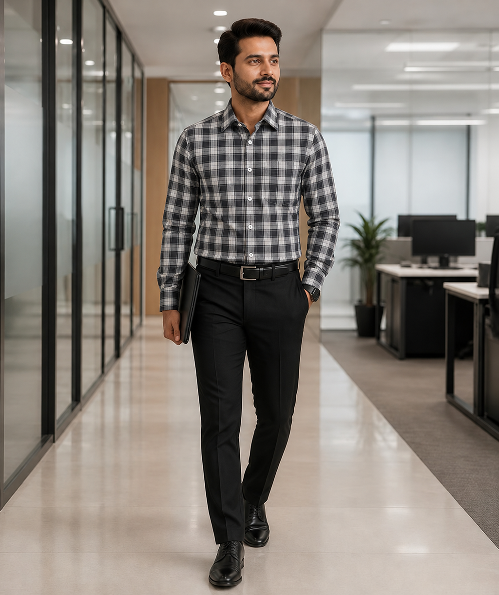 Samiran Powerlook Charcoal & White Buffalo Check Shirt – model walking in an office corridor