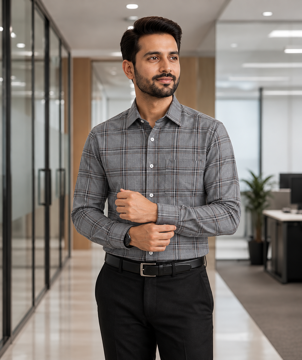 Samiran Powerlook Slate Grey Check Shirt – model adjusting his cuff