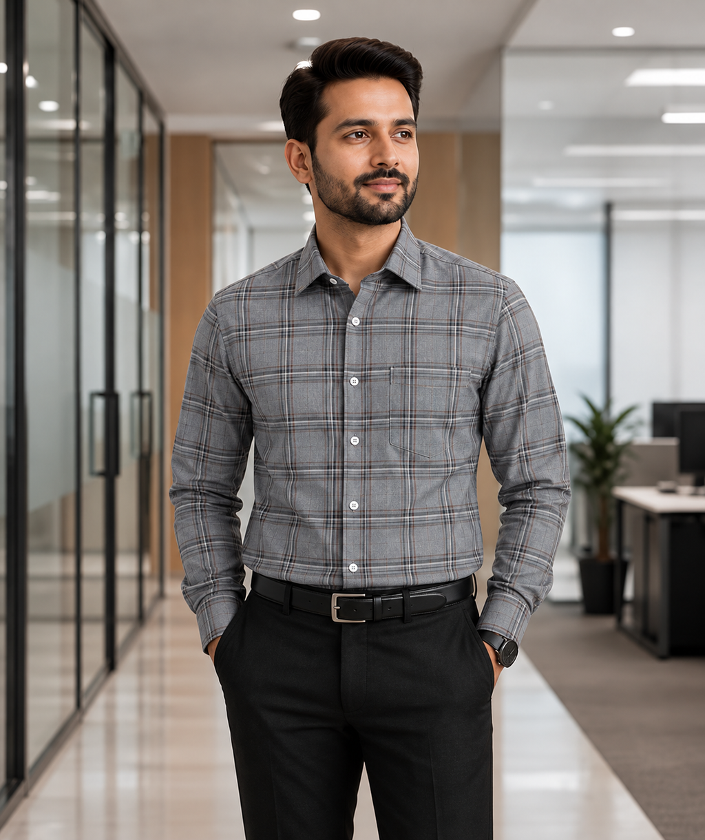 Samiran Powerlook Slate Grey Check Shirt – model standing with hands in pockets