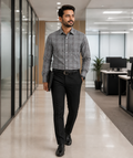 Samiran Powerlook Slate Grey Check Shirt – model walking in an office corridor