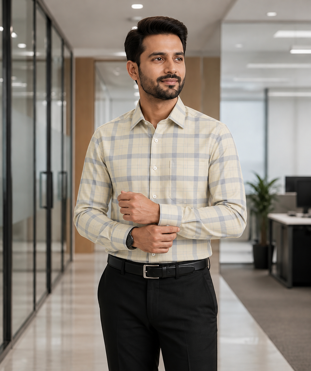 Samiran Powerlook Cream & Grey Check Shirt – model adjusting his cuff