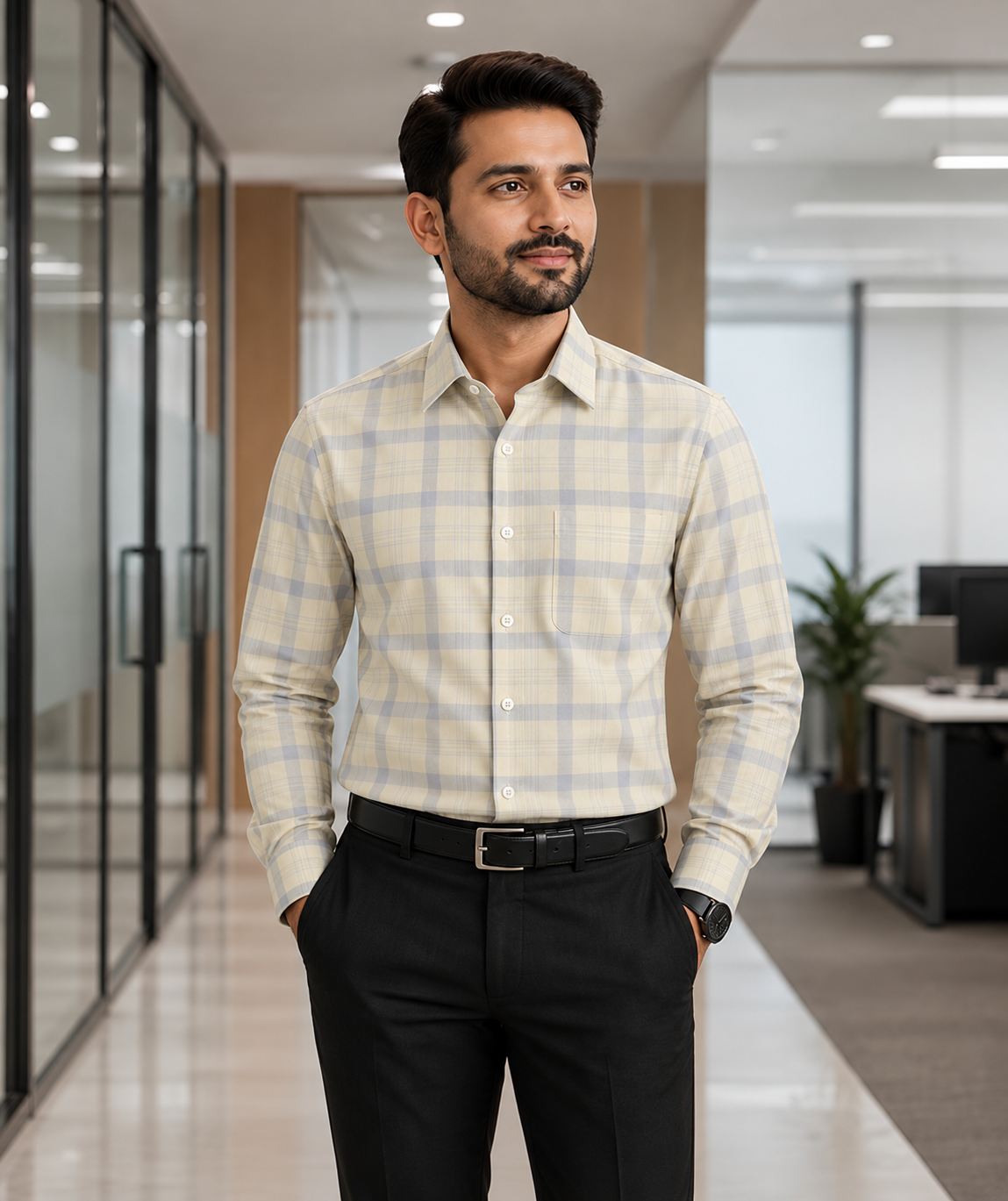 Samiran Powerlook Cream & Grey Check Shirt – model standing with hands in pockets