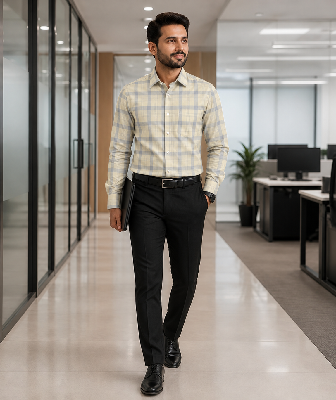 Samiran Powerlook Cream & Grey Check Shirt – model walking in an office corridor