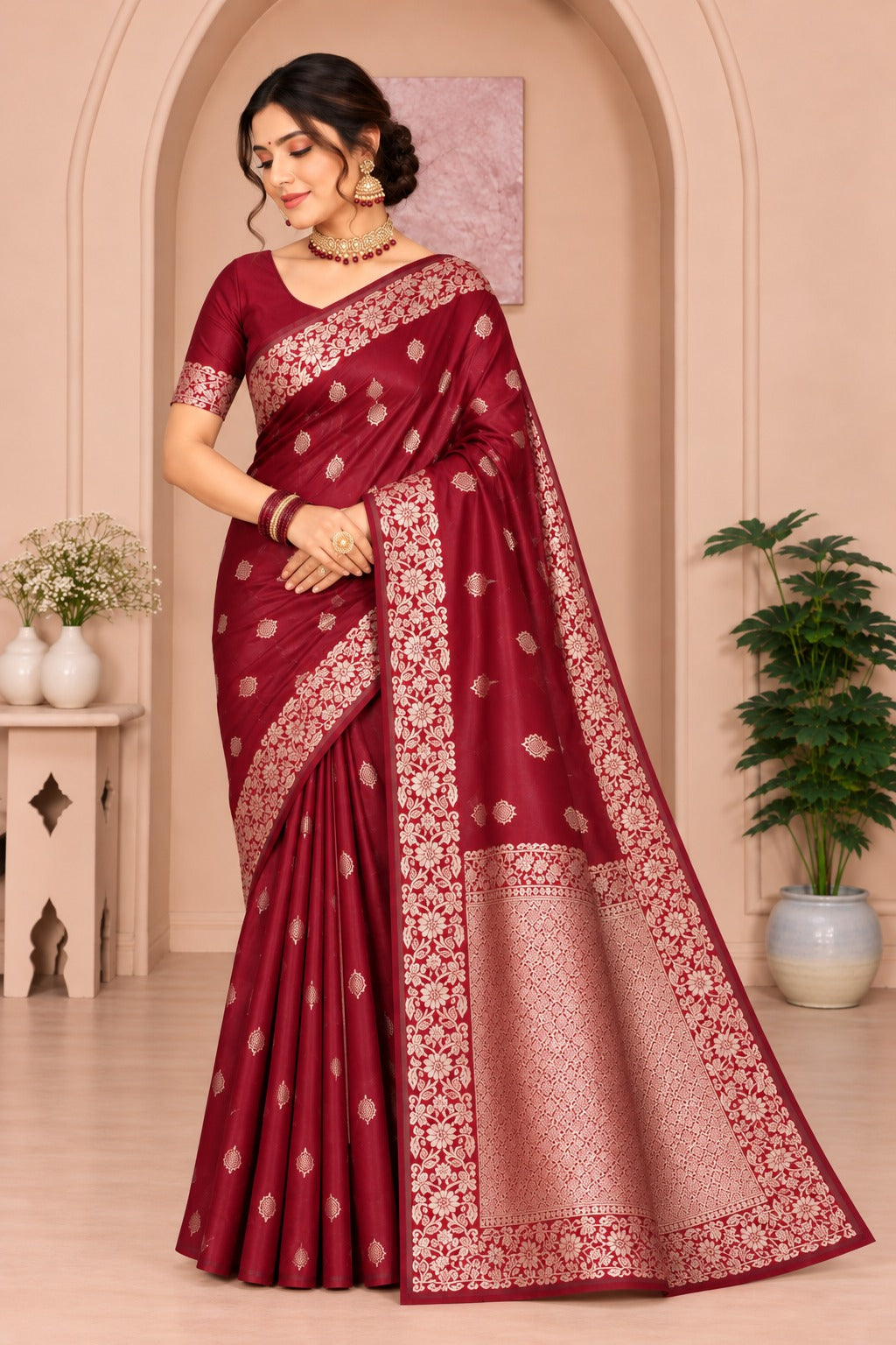 Kumkum Maroon Banarasi Saree – view 1