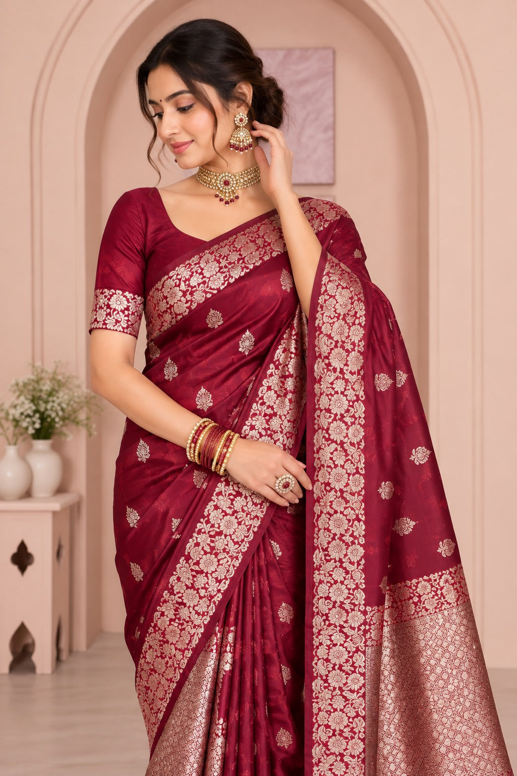 Kumkum Maroon Banarasi Saree – view 2
