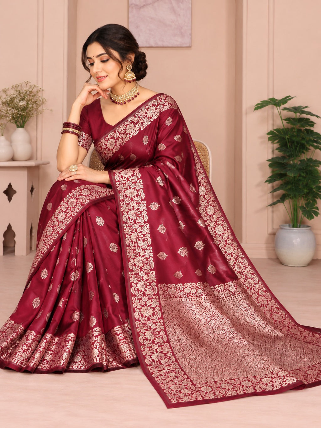 Kumkum Maroon Banarasi Saree – view 3