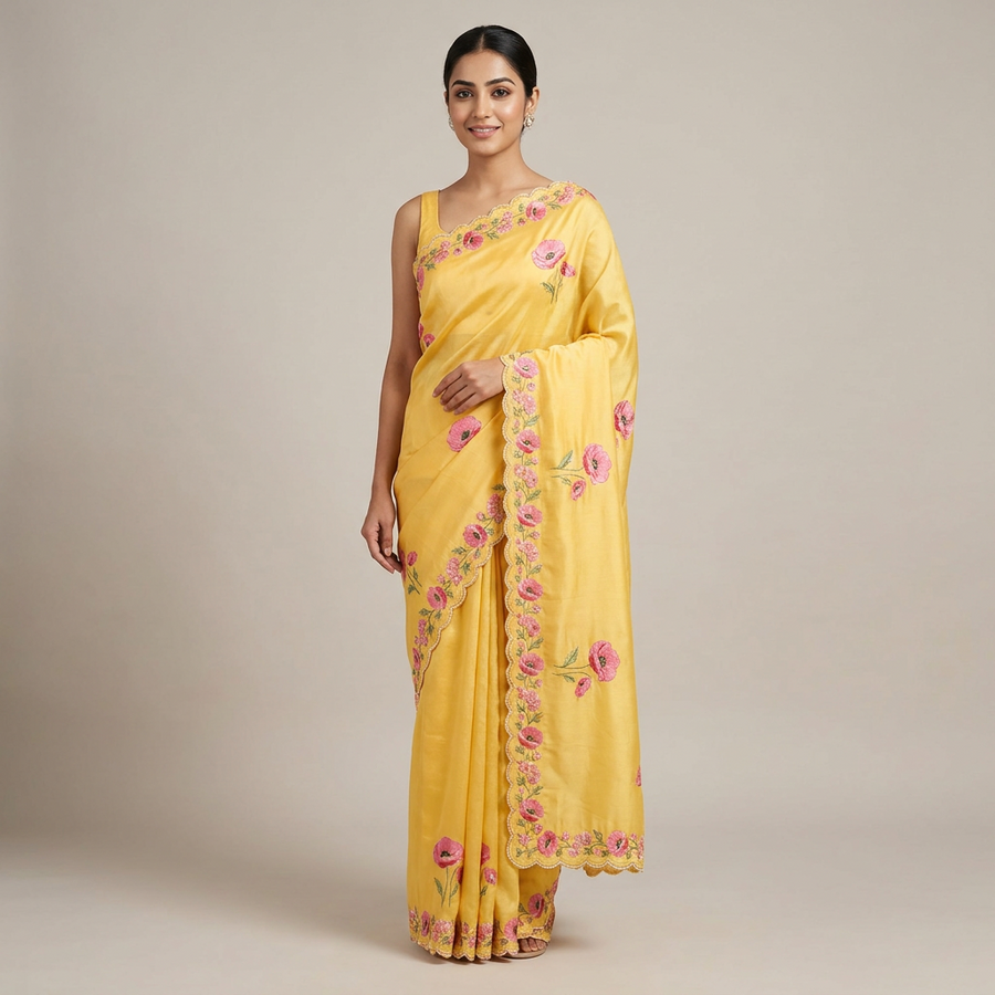 Model wearing the Sunehri Poppy Saree