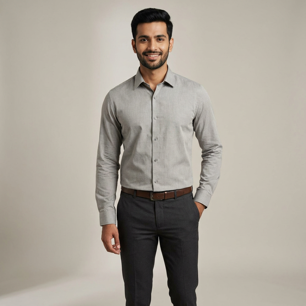 Model wearing the Stone Grey Shirt