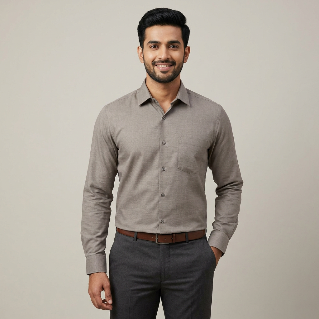 Model wearing the Taupe Grey Shirt