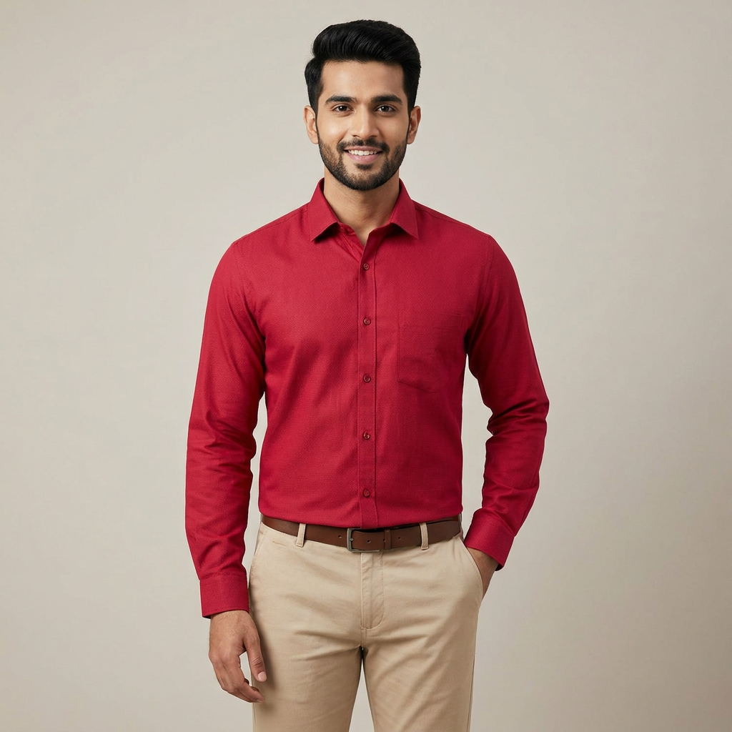 Model wearing the Crimson Red Shirt