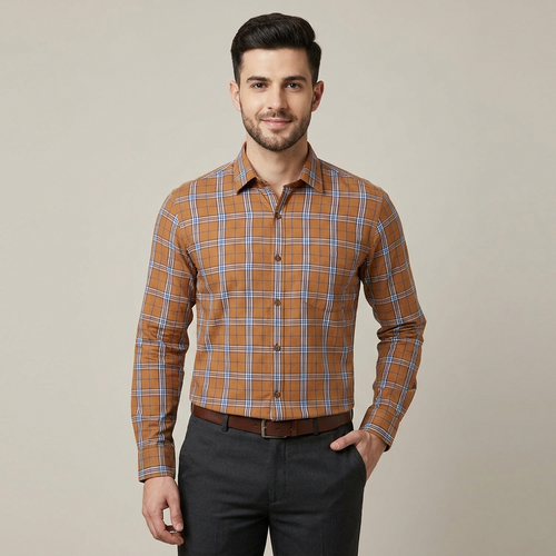 Model wearing the Caramel & Blue Check Shirt