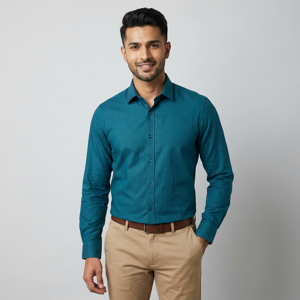 Model wearing the Teal Shirt