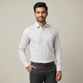 Model wearing the White & Charcoal Check Shirt