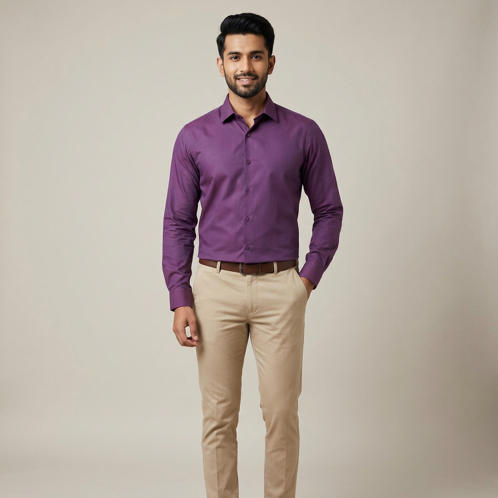 Model wearing the Purple Shirt