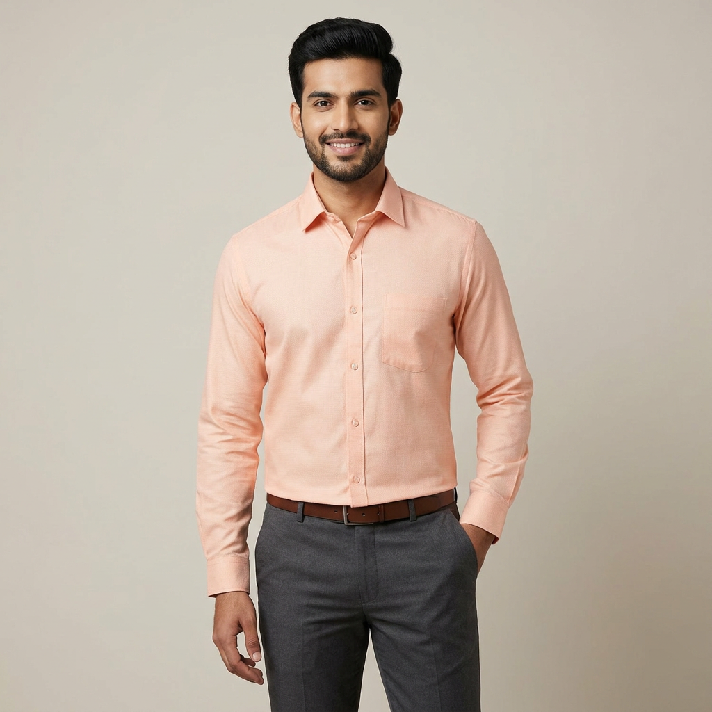Model wearing the Peach Shirt