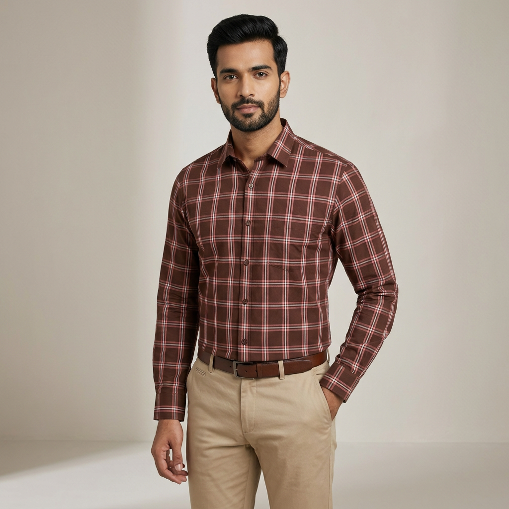 Model wearing the Brown & Rose Check Shirt