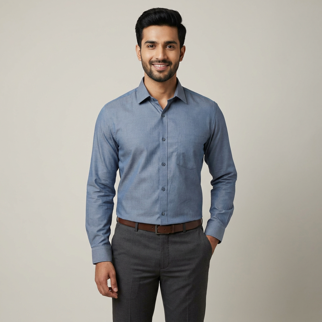 Model wearing the Steel Blue Shirt
