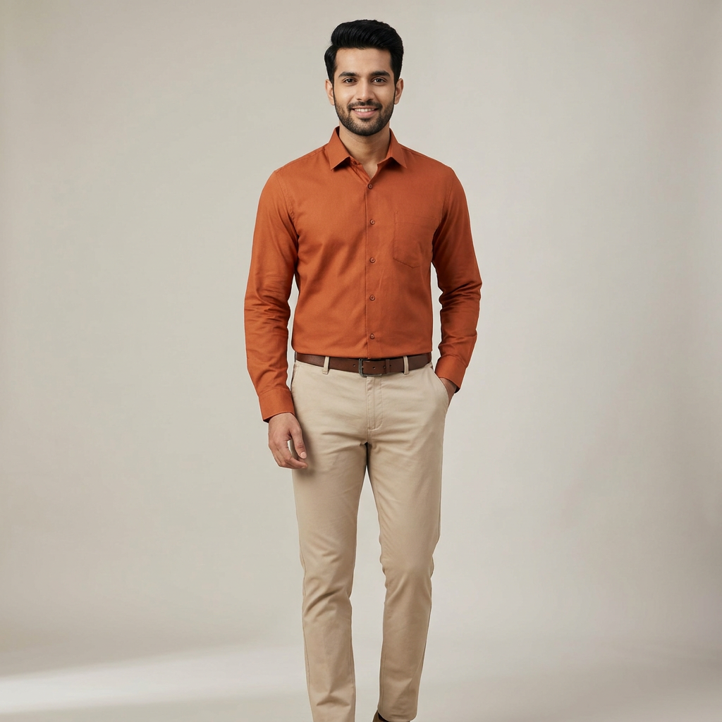 Model wearing the Rust Orange Shirt