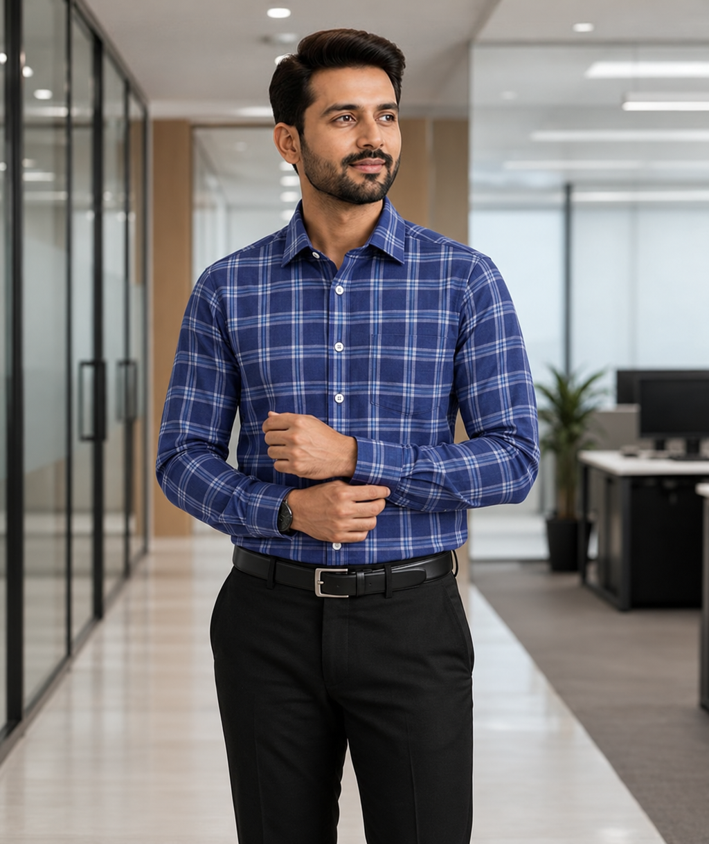 Samiran Powerlook Indigo Blue Check Shirt – model adjusting his cuff