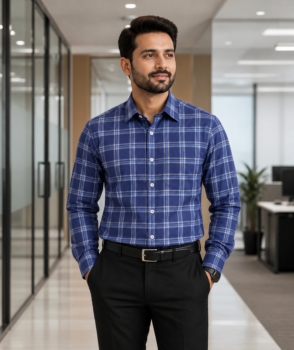 Samiran Powerlook Indigo Blue Check Shirt – model standing with hands in pockets