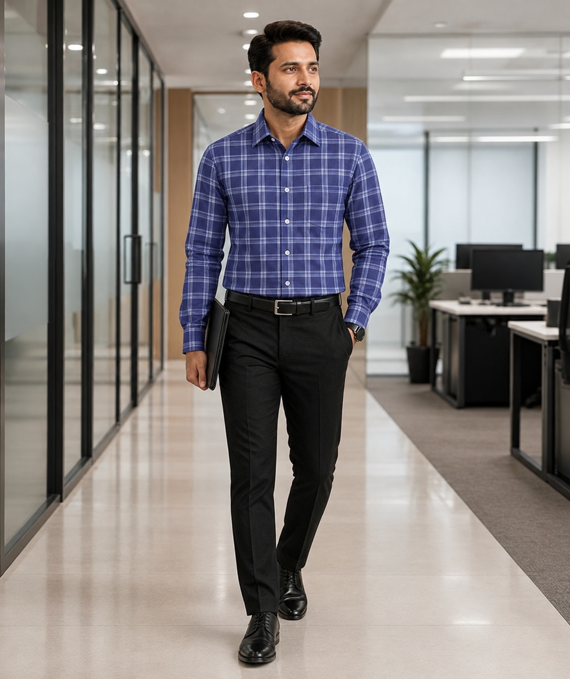 Samiran Powerlook Indigo Blue Check Shirt – model walking in an office corridor