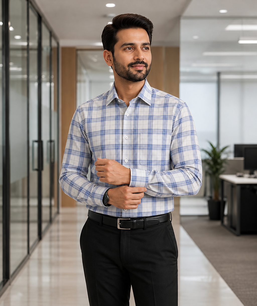 Samiran Powerlook White & Blue Check Shirt – model adjusting his cuff