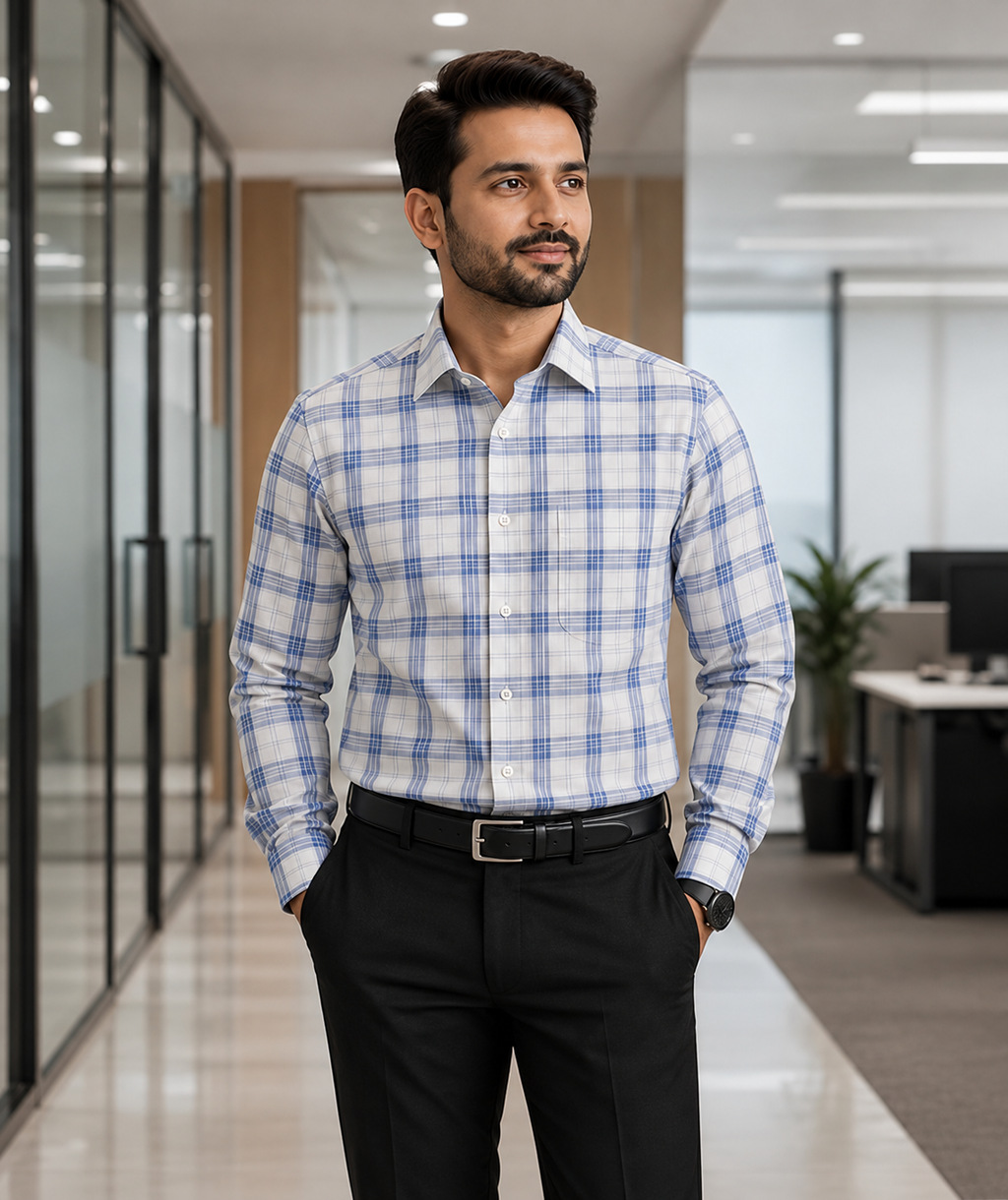 Samiran Powerlook White & Blue Check Shirt – model standing with hands in pockets