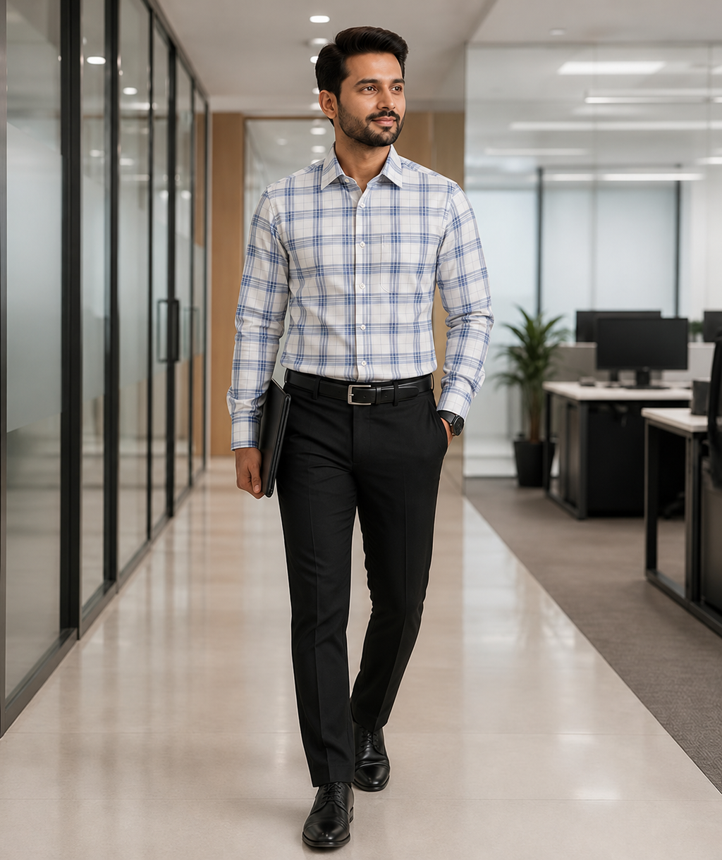 Samiran Powerlook White & Blue Check Shirt – model walking in an office corridor