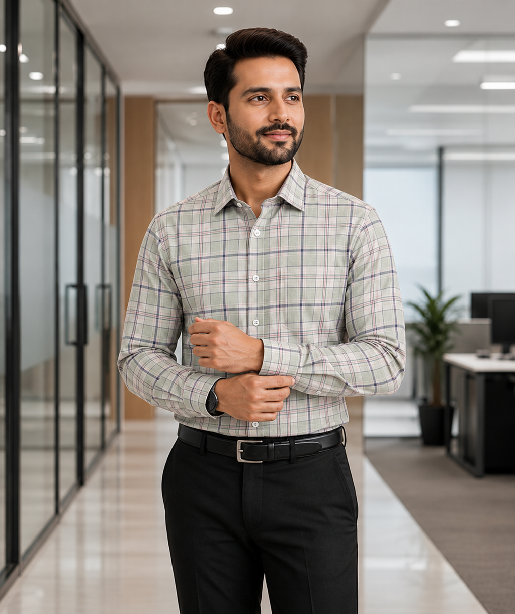 Samiran Powerlook Sage & Grey Check Shirt – model adjusting his cuff