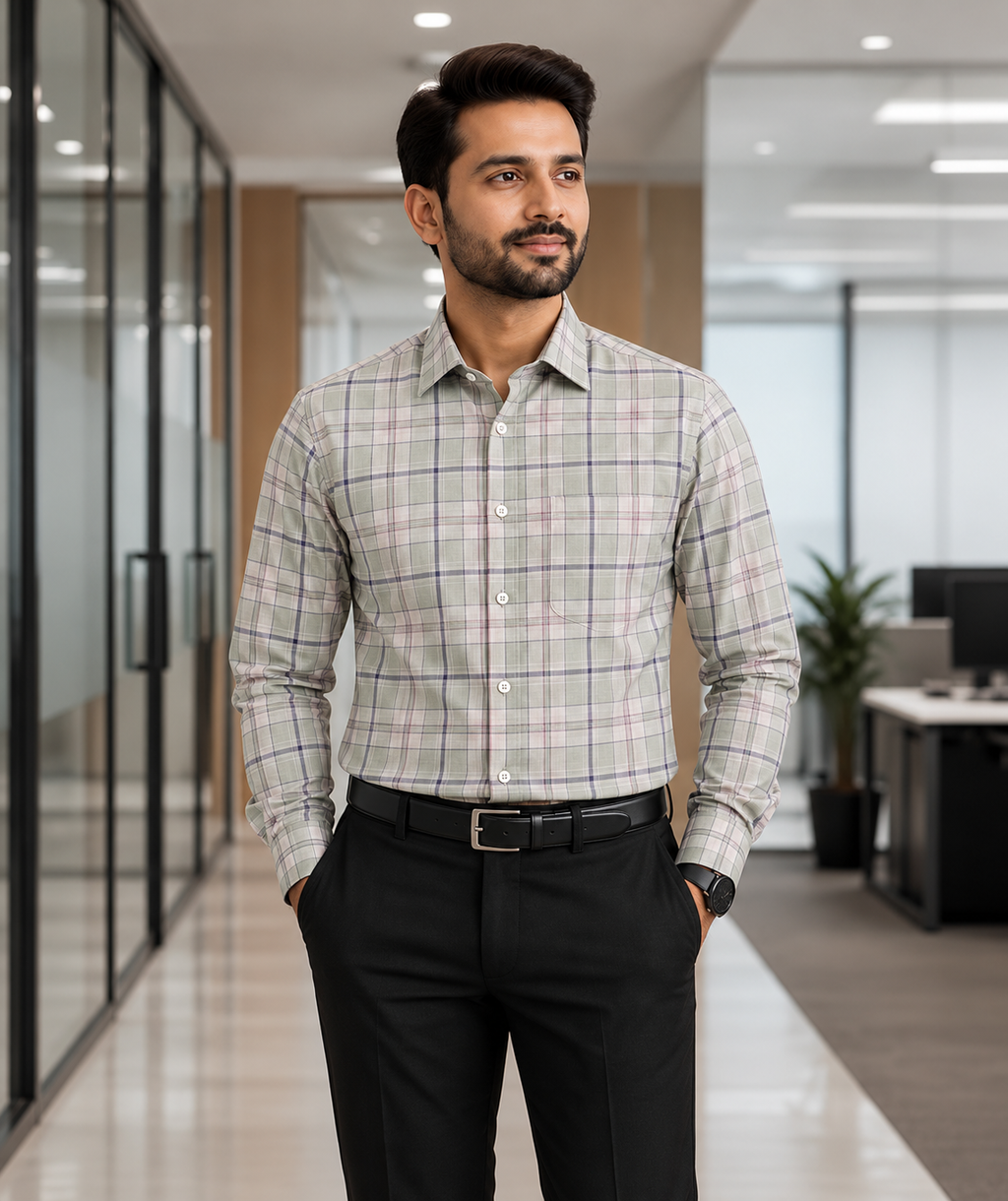 Samiran Powerlook Sage & Grey Check Shirt – model standing with hands in pockets