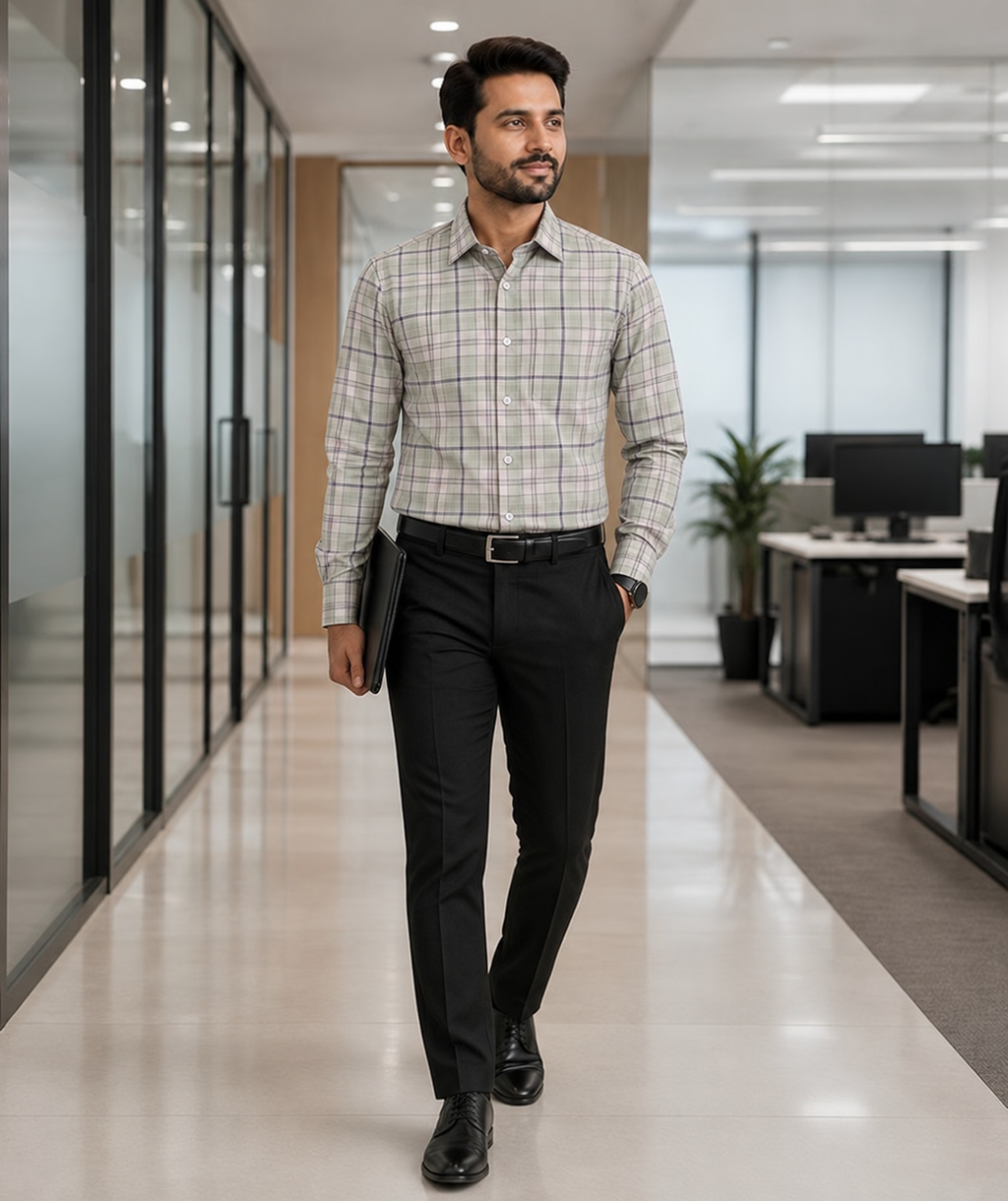 Samiran Powerlook Sage & Grey Check Shirt – model walking in an office corridor
