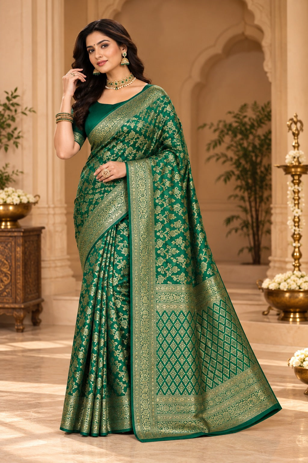 Panna Green Banarasi Saree – view 1