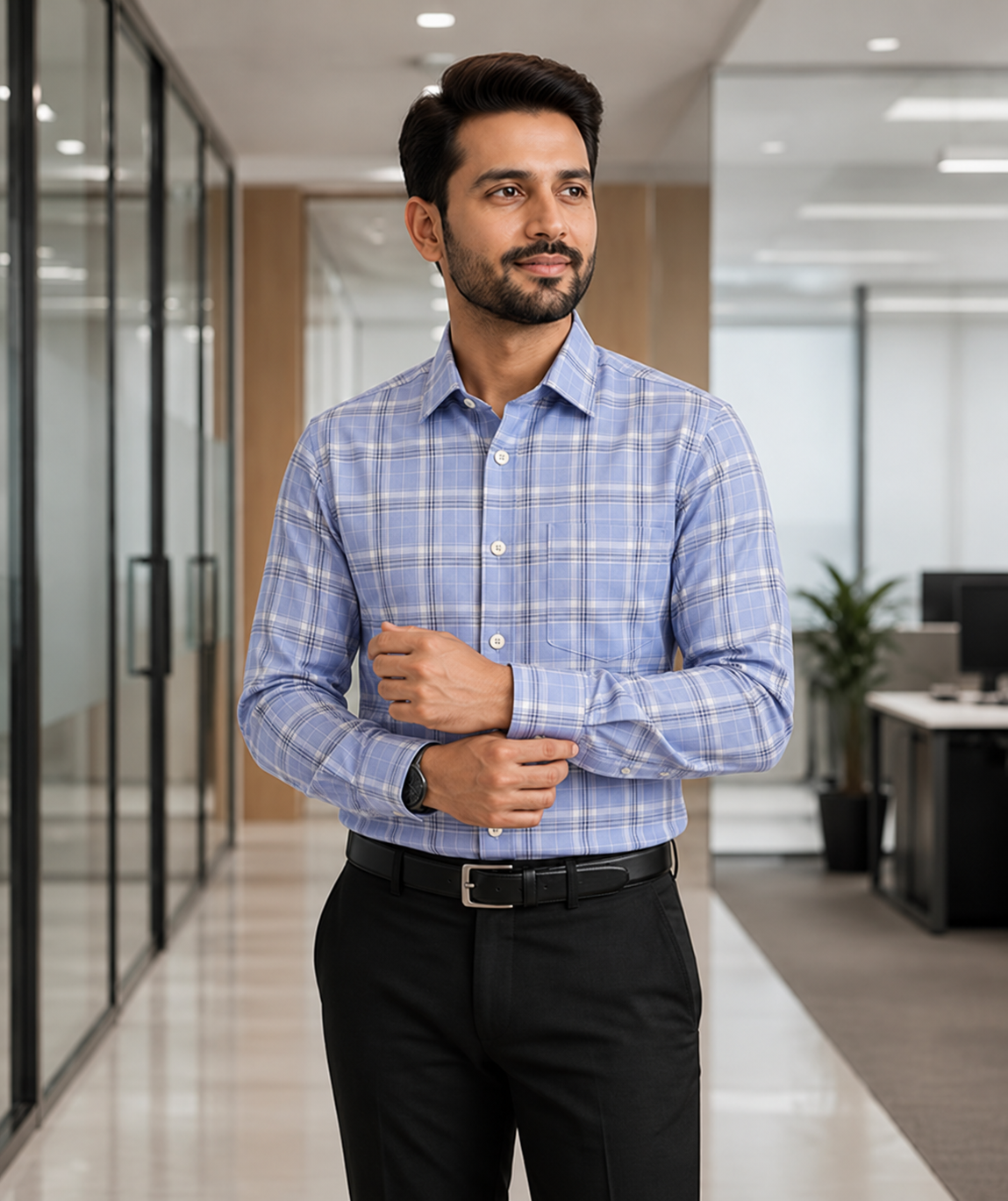 Samiran Powerlook Powder Blue Check Shirt – model adjusting his cuff