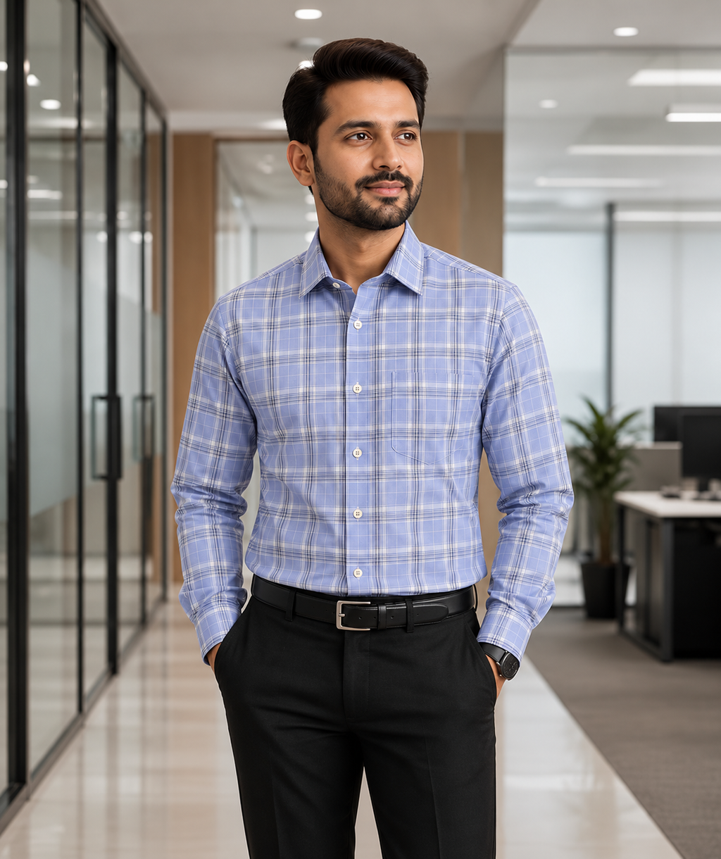 Samiran Powerlook Powder Blue Check Shirt – model standing with hands in pockets