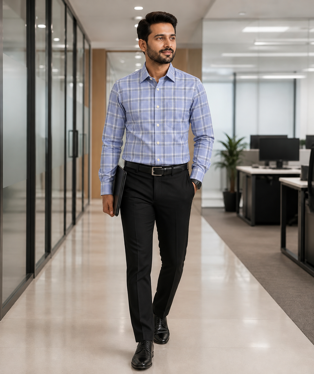 Samiran Powerlook Powder Blue Check Shirt – model walking in an office corridor
