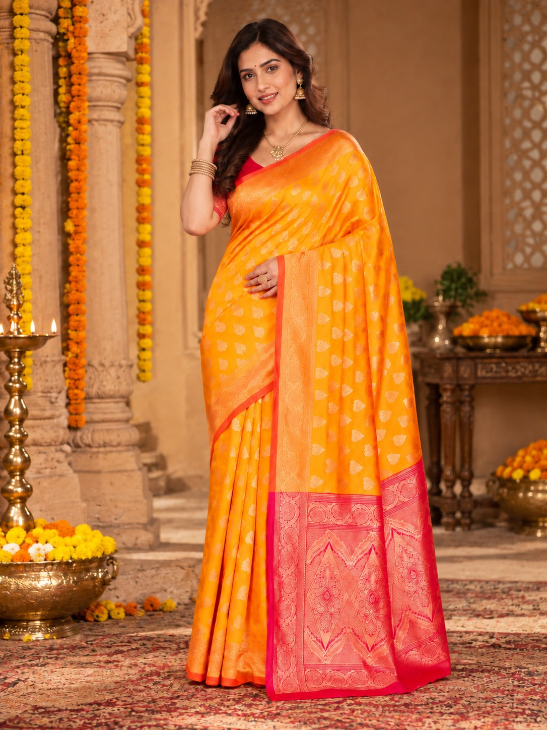 Kesari Gulabi Banarasi Saree – view 1