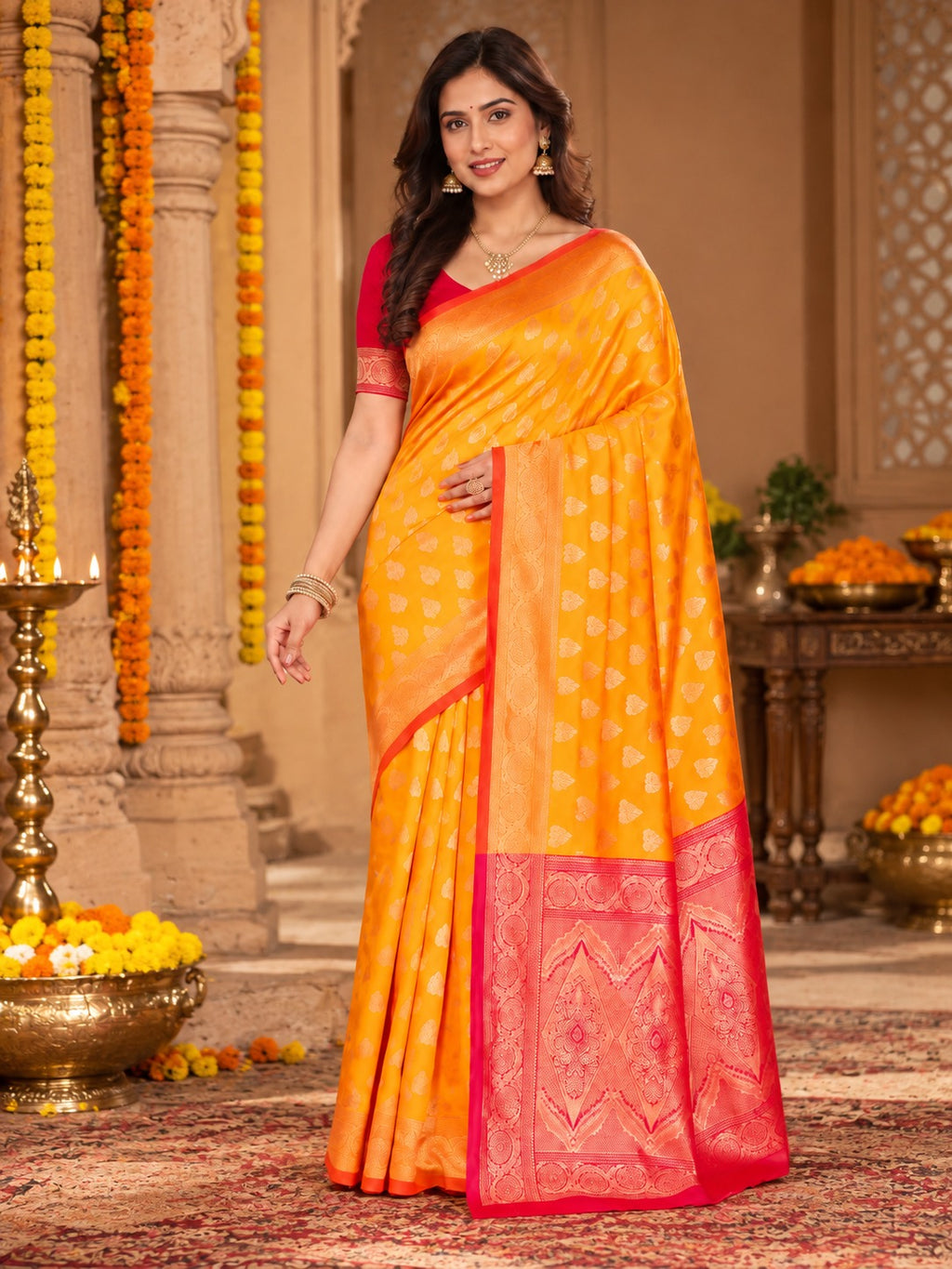 Kesari Gulabi Banarasi Saree – view 2