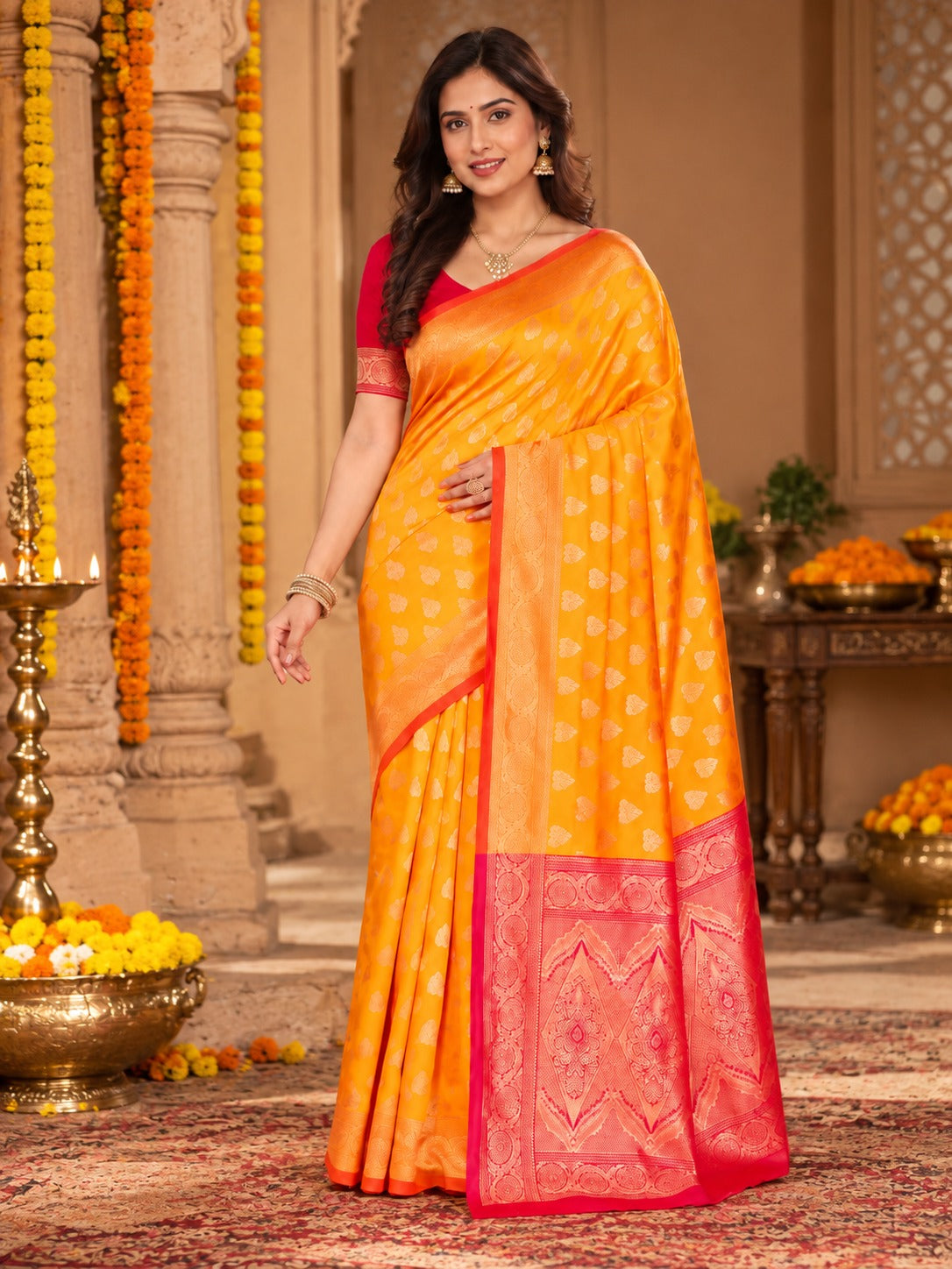 Kesari Gulabi Banarasi Saree – view 2