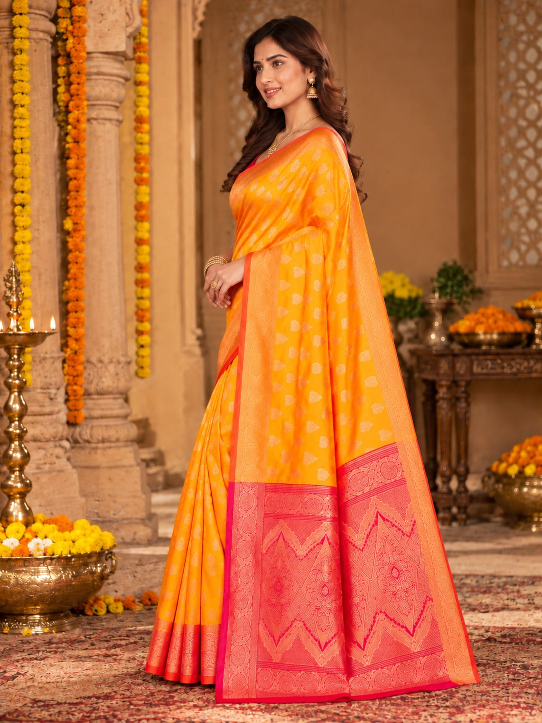 Kesari Gulabi Banarasi Saree – view 3