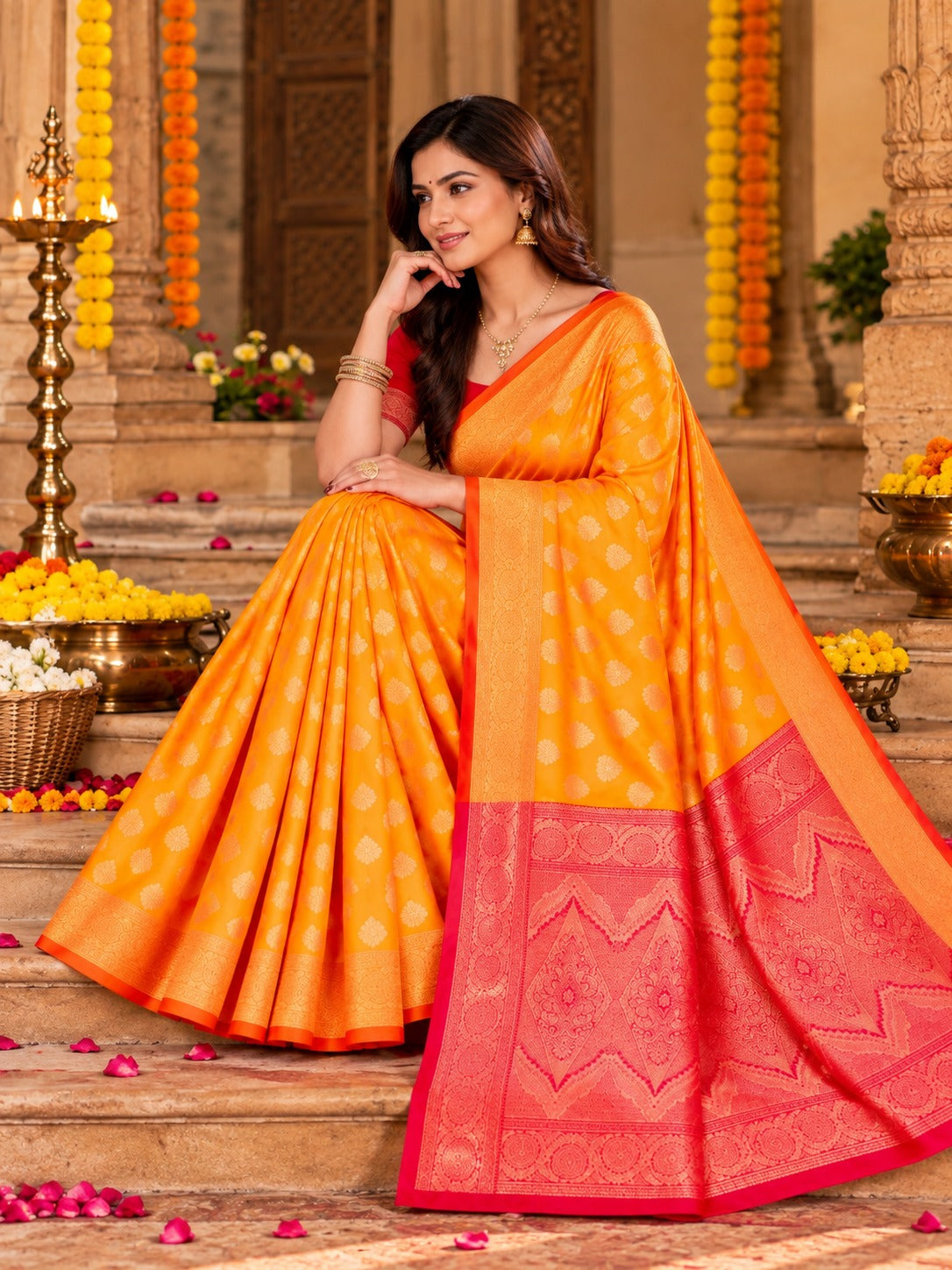 Kesari Gulabi Banarasi Saree – view 4