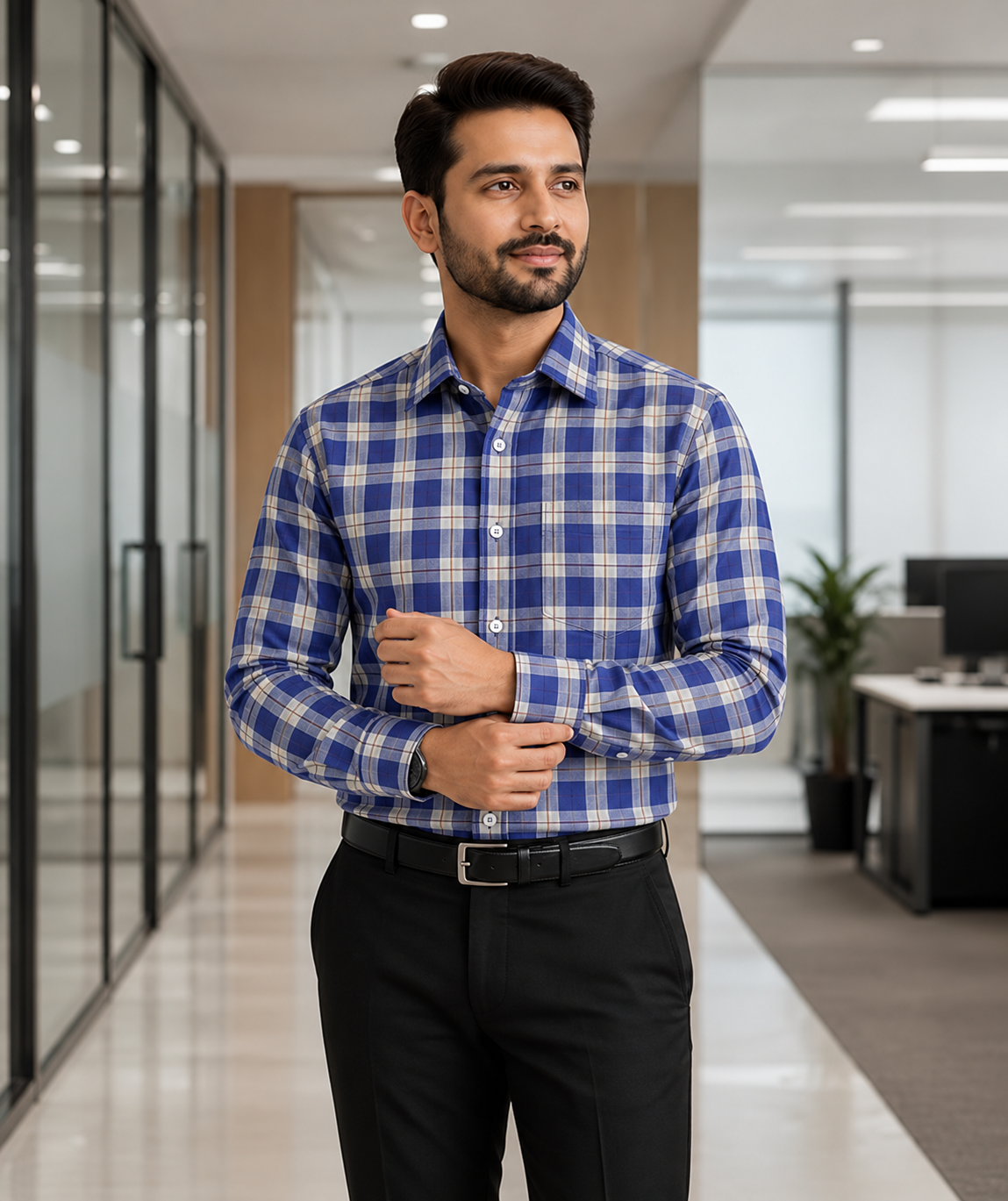 Samiran Powerlook Royal Blue & Cream Check Shirt – model adjusting his cuff