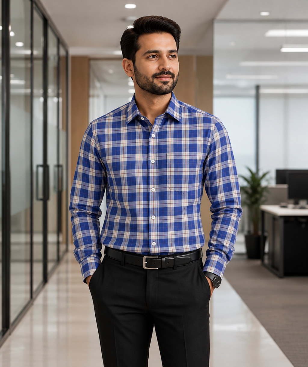 Samiran Powerlook Royal Blue & Cream Check Shirt – model standing with hands in pockets